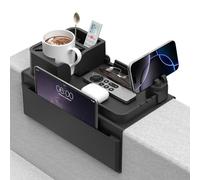 CLESOO Plateau de canapé, accoudoir avec porte-gobelet, plateau de canapé antidérapant avec deux poches latérales et support de téléphone, en silicone anti-renversement, organiseur de canapé pour