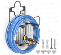 CLESOO Support Tuyau Arrosage Mural - Support de Tuyau en Métal avec Porte Outils - Porte Tuyau Durable pour Tuyau Arrosage - Rangement de Tuyau Robuste pour Jardin, Cour, Garage, Pelous