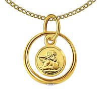 Clever Schmuck Anneau de baptême avec médaille ronde ange, pierre de zircon brillante et chaîne à maillons 34 cm, en or 333 8 carats dans un étui