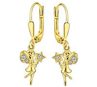 CLEVER SCHMUCK Boucles d'oreilles dorées 25 mm petite fée ange elfe 10 x 7 mm avec baguette magique et 3 zircones brillantes en argent sterling 925 plaqué or dans un étui à bijoux