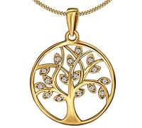 CLEVER SCHMUCK Chaîne en or avec pendentif arbre de vie, diamètre : 20 mm, zircone, argent sterling 925 plaqué or et chaîne gourmette plaquée or, pour femme, dans un étui à bijoux anthracite
