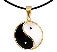CLEVER SCHMUCK Grand pendentif Yin Yang doré Ø 23 mm noir laqué blanc argent sterling 925 plaqué or + cordon en caoutchouc 45 cm de long + étui à bijoux