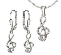 Clever schmuck Parure constituée de boucles d'oreilles pendantes notes de musique serties de strass, d'un pendentif assorti et d'une chaine maille Singapour 45 cm, en argent 925 pour femme