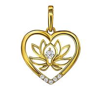 Clever Schmuck Pendentif pour femme en forme de cœur - 19 x 17 mm - Élégant - Intérieur avec fleur de lotus - Nombreux zircons brillants - Or 333 8 carats - Dans un étui - Sable