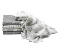 Clevere Kids V0 Lot de 5 Langes en Mousseline, Gris Clair, 70 x 80 cm, doublement tissés, certifiés Oeko-Tex, Motif de Renard, étoiles et Rayures