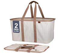 CleverMade Lot de 2 sacs à linge pliables de luxe à chevrons de 50 L en mélange de coton de qualité supérieure avec cadre en fil métallique robuste, longues poignées de transport