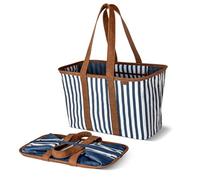CleverMade Sac fourre-tout pliable de luxe - Bleu marine rayé - 30 l - Sac de rangement réutilisable avec poignées et fond renforcé