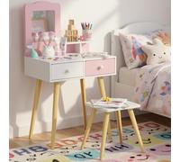 Clevich 2 en 1 Coiffeuse Enfant, Coiffeuse pour Fille avec Miroir et 2 Tiroirs, Bureau pour Enfants avec Tabouret, Robuste et Durable, Table de Maquillage pour Enfants 3 à 8 Ans, Rose