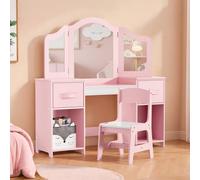 Clevich Coiffeuse Enfant 2 en 1, Amovible, Coiffeuse avec Miroir et Tabouret Enfant, Bureau pour Enfants Robuste, avec 4 Étagères et 2 Boîtes de Rangement, pour Enfants de 3 Ans+ (Rose-Blanc)
