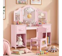 Clevich Coiffeuse Enfant 2 en 1, Amovible, Coiffeuse avec Miroir et Tabouret Enfant, Bureau pour Enfants Robuste, avec 4 Étagères et 2 Boîtes de Rangement, pour Enfants de 3 Ans+ (Rose)