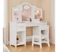 Clevich Coiffeuse Enfant 2 en 1, Amovible, Coiffeuse avec Miroir et Tabouret Enfant, Bureau pour Enfants Robuste, avec 4 Étagères et 2 Boîtes de Rangement, pour Enfants de 3 Ans+ (Blanc)