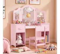 Clevich Coiffeuse Enfant 2 en 1, Coiffeuse Fille avec Miroir et Tabouret | Bureau pour Enfants Robuste, Coiffeuse avec 4 Étagères et 2 Boîtes de Rangement, pour Enfants de 3 Ans+, Rose