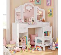 Clevich Coiffeuse Enfant 2 en 1, Coiffeuse Fille avec Miroir et Tabouret | Bureau pour Enfants Robuste, Coiffeuse avec 4 Étagères et 2 Boîtes de Rangement, pour Enfants de 3 Ans+, Blanc
