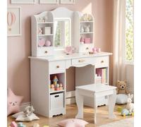 Clevich Coiffeuse Enfant avec LED Miroir et Tabouret, Coiffeuse pour Enfants Fille avec 5 Tiroirs, 10 Compartiments de Rangement, Table de Maquillage pour Enfant de 3 à 8 Ans, Blanc