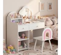 Clevich Coiffeuse pour Enfant 2 en 1 avec Miroir, 2 Tiroirs, Casiers, Bureau pour Enfants Fille avec Tabouret, Coiffeuse Princesse pour 3 à 8 Ans, 74 x 40 x 91 cm, Blanc
