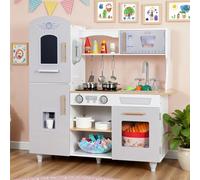 Clevich Cuisine Enfant en Bois, Cuisine Jouet avec de Vrais Sons et lumières, 5 PCS Pattes, Jeu de Cuisine Enfants avec Micro-Ondes et Distributeur d'eau, pour Enfants 3 Ans+(Gris et Bois)