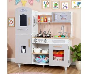 Clevich Cuisine Enfant en Bois, Cuisine Jouet avec de Vrais Sons et lumières, 5 PCS Pattes, Jeu de Cuisine Enfants avec Micro-Ondes et Distributeur d'eau, pour Enfants 3 Ans+(Gris et Bois)