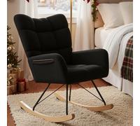 Clevich Fauteuil à Bascule Allaitement Scandinave, Rocking Chair Confortable avec Velours Teddy, Pieds en Bois et Métal, pour Salon, Chambre d'enfants, Chambre, Jusqu'à 136kg, Noir