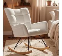 Clevich Fauteuil à Bascule Allaitement Scandinave, Rocking Chair Confortable avec Velours Teddy, Pieds en Bois et Métal, pour Salon, Chambre d'enfants, Chambre, Jusqu'à 136kg, Blanc