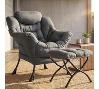 Clevich Fauteuil à oreilles, avec tabouret, fauteuil de salon, moderne, avec poche latérale et repose-pieds, fauteuil de lecture, confortable, pour salon, chambre à coucher, dortoir, bureau (gris