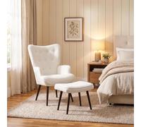 Clevich Fauteuil à Oreilles -Lounge Confortable avec Repose-Pieds, Tissu Teddy Fauteuil de Lecture, pour Salon Et Chambre & Étude Jusqu'à 168 Kg, Blanc