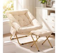 Clevich Fauteuil de relaxation scandinave avec tabouret 72 x 76 x 78 cm pour adolescents et adultes, tissu en fausse fourrure en polyester, avec poche latérale et cadre en métal stable, chaise lunaire
