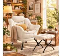 Clevich Fauteuil Relax avec Repose-Pieds pour Salon et Chambre, Beige | Fauteuil de lecture confortable avec poche latérale, tissu polyester, structure métallique, idéal pour bureau et coin lecture