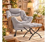 Clevich Fauteuil Relax avec Repose-Pieds pour Salon et Chambre, Gris Clair | Fauteuil de lecture confortable avec poche latérale, tissu polyester, structure métallique, idéal pour bureau et coin lecture