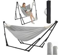 Clevich Hamac avec support, pliable, réglable, structure stable, 231 x 89 cm, jusqu'à 200 kg, pour jardin, balcon, camping, intérieur, sac de transport, multicolore (gris)