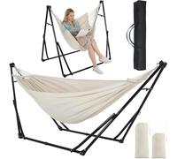 Clevich Hamac avec support, pliable, réglable, structure stable, 231 x 89 cm, jusqu'à 200 kg, pour jardin, balcon, camping, intérieur, sac de transport, multicolore (kaki)