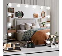 Clevich Miroir Maquillage Hollywood 14 Ampoules LED 60 x 50 cm, Miroir Coiffeuse Lumineux Contrôle Tactile avec Luminosité Réglable et Loupe à Grossissement, Design à Double Pied et USB, Noir