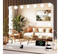 Clevich Miroir Maquillage Hollywood 15 Ampoules LED 50 x 40 cm, Miroir Coiffeuse Lumineux Contrôle Tactile avec Luminosité Réglable et Loupe à Grossissement, sur Table/sur Mur et USB, Blanc