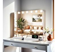 Clevich Miroir Maquillage Hollywood 15 Ampoules LED 50 x 40 cm, Miroir Coiffeuse Lumineux Contrôle Tactile avec Luminosité Réglable et Loupe à Grossissement, sur Table/sur Mur et USB, Blanc