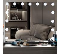 Clevich Miroir Maquillage Hollywood 15 Ampoules LED 58 x 46 cm, Miroir Coiffeuse Lumineux Contrôle Tactile avec Luminosité Réglable et Loupe à Grossissement, sur Table/sur Mur et USB, Noir