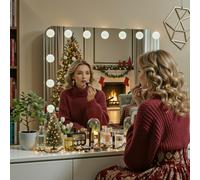 Clevich Miroir Maquillage Hollywood 15 Ampoules LED 58 x 46 cm, Miroir Coiffeuse Lumineux Contrôle Tactile avec Luminosité Réglable et Loupe à Grossissement, sur Table/sur Mur et USB, Doré