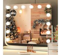 Clevich Miroir Maquillage Lumineux 57 x 48 cm, Miroir LED Coiffeuse Rotatif à 360°, 3 Couleurs de lumière, 14 Lampes LED, Grossissement 10x, Commande Tactile et Port USB, Blanc