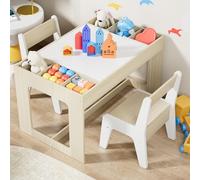 Clevich Table avec 2 Chaises avec Rangement, Ensemble de Table et Chaises | Bureau Enfant Polyvalente avec Plateau de Table Réversible, pour école Garderie Bureau Enfant Chambre, 3 Ans, Naturel+Blanc