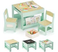 Clevich Table Enfant avec 2 chaises, Table Enfant en Bois avec Rangement, à Dessin et Jouer, Ensemble Bureau et chaises avec Plateau de Réversible, pour Chambre d'enfant, 3-7 Ans, Bois et Vert
