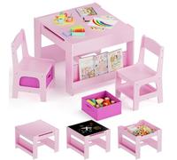 Clevich Table Enfant avec 2 chaises, Table Enfant en Bois avec Rangement, à Dessin et Jouer, Ensemble Bureau et chaises avec Plateau de Réversible, pour Chambre d'enfant, 3-7 Ans (Rose)