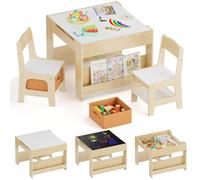 Clevich Table Enfant avec 2 chaises, Table Enfant en Bois avec Rangement, à Dessin et Jouer, Ensemble Bureau et chaises avec Plateau de Réversible, pour Chambre d'enfant, 3-7 Ans (Couleur de Bois)