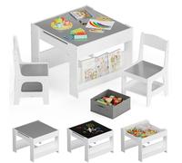 Clevich Table Enfant avec 2 chaises, Table Enfant en Bois avec Rangement, à Dessin et Jouer, Ensemble Bureau et chaises avec Plateau de Réversible, pour Chambre d'enfant, 3-7 Ans, Gris