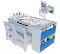Clevich Table pour Enfant avec 2 chaises, en Bois, Groupe de Rangement, Table de coloriage pour Enfants à partir de 3 Ans, Bureau de coloriage et de Bricolage, Bleue