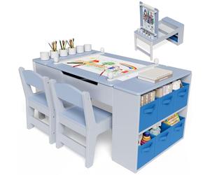 Clevich Table pour Enfant avec 2 chaises, en Bois, Groupe de Rangement, Table de coloriage pour Enfants à partir de 3 Ans, Bureau de coloriage et de Bricolage, Bleue