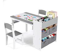 Clevich Table pour Enfant avec 2 Chaises, Table avec Espace de Rangement, Ensemble de Chaises en Bois, Bureau de Peinture avec Rouleau en Papier et 4 Boîtes de Rangement, Gris Blanc