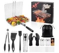 Clheatky Set Panier Grill BBQ 16 Pièces - Acier Inoxydable 304, Set Complet d’Accessoires pour Barbecue - Accessoires Grill Robustes pour Barbecue Extérieur, Camping, Cadeaux Fête des Pères Homme