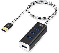 CLICKSELL-Hub USB 3.0 De 4 Ports Avec Câble D'Extension De 1.46Mètres, Compatible Avec Mackbook, Pc, Ordinateur Portable, Clé USB Etc, Boîtié En Aluminium, Câble Tressé, Noir Et Blanc / 4.8Pieds