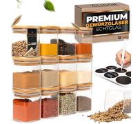 CLIDOR Lot de 12 pots à épices carrés de 160 ml - Épaisseur du verre augmentée - Boîtes à épices empilables avec couvercle en bambou - Récipients à épices hermétiques pour la cuisine