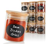 CLIDOR Lot de 12 pots à épices ronds de 125 ml - Épaisseur du verre augmentée - Boîtes à épices empilables avec couvercle en bambou - Récipients à épices hermétiques pour la cuisine - Rangement clair