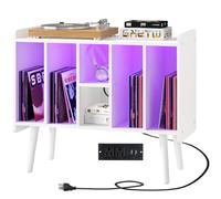 Clikuutory Grand support pour tourne-disque, armoire de rangement pour disques vinyles avec prise de courant et lumières LED, peut contenir jusqu'à 200 albums, support de platine avec pieds ronds en