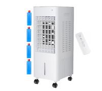 Climatiseur Évaporatif 4 en 1 avec Réservoir 12L et Télécommande，3 Vitesses, Oscillation 90°-120°, Minuterie 7,5 h, 4 Blocs de Glace Inclus, Roulettes Mobiles (White 12L)